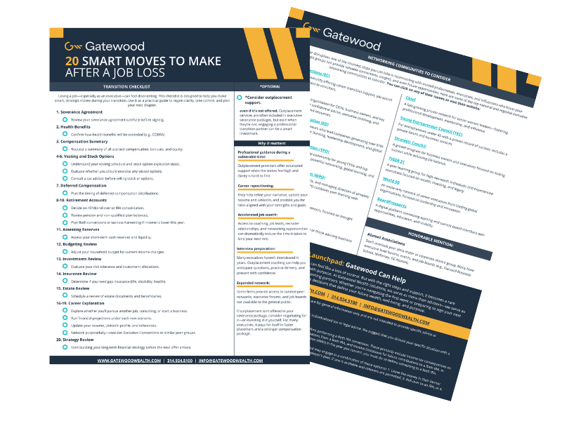 Two pages from the Gatewood checklist, 20 Smart Moves to Make After a Job Loss