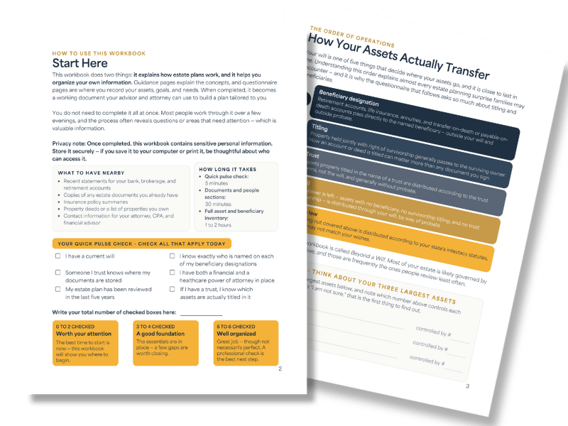 Two inside pages of the Beyond a Will estate planning workbook: a Start Here page with a quick pulse check checklist, and a How Your Assets Actually Transfer page showing the five things that control where assets go, from beneficiary designations to state law.