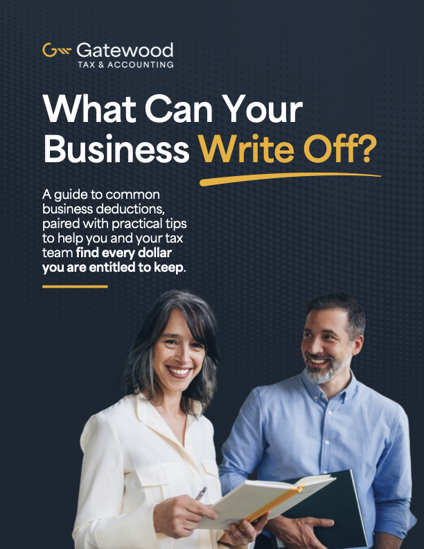 Cover of What Can Your Business Write Off?, a guide to common small business tax deductions from Gatewood Tax and Accounting, showing two smiling business owners reviewing a notebook.