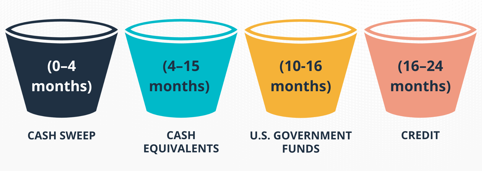 Four buckets representing Cash Hub tiers by time horizon: Cash Sweep covering zero to four months, Cash Equivalents four to fifteen months, U.S. Government Funds ten to sixteen months, and Credit sixteen to twenty-four months.