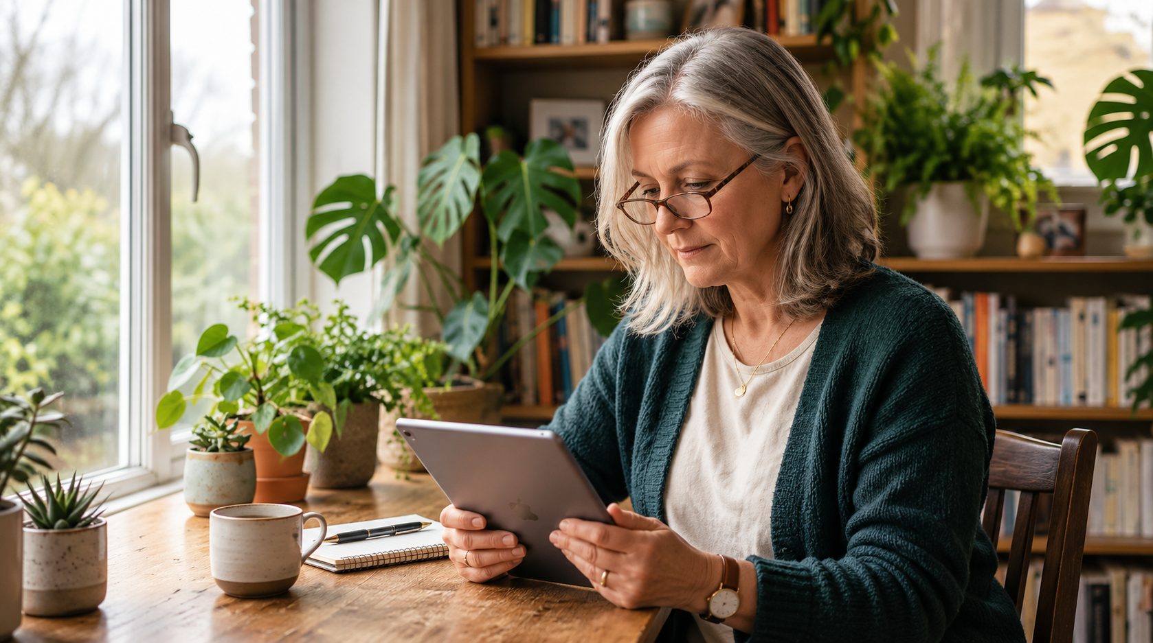 An older woman reading from her tablet near a window.