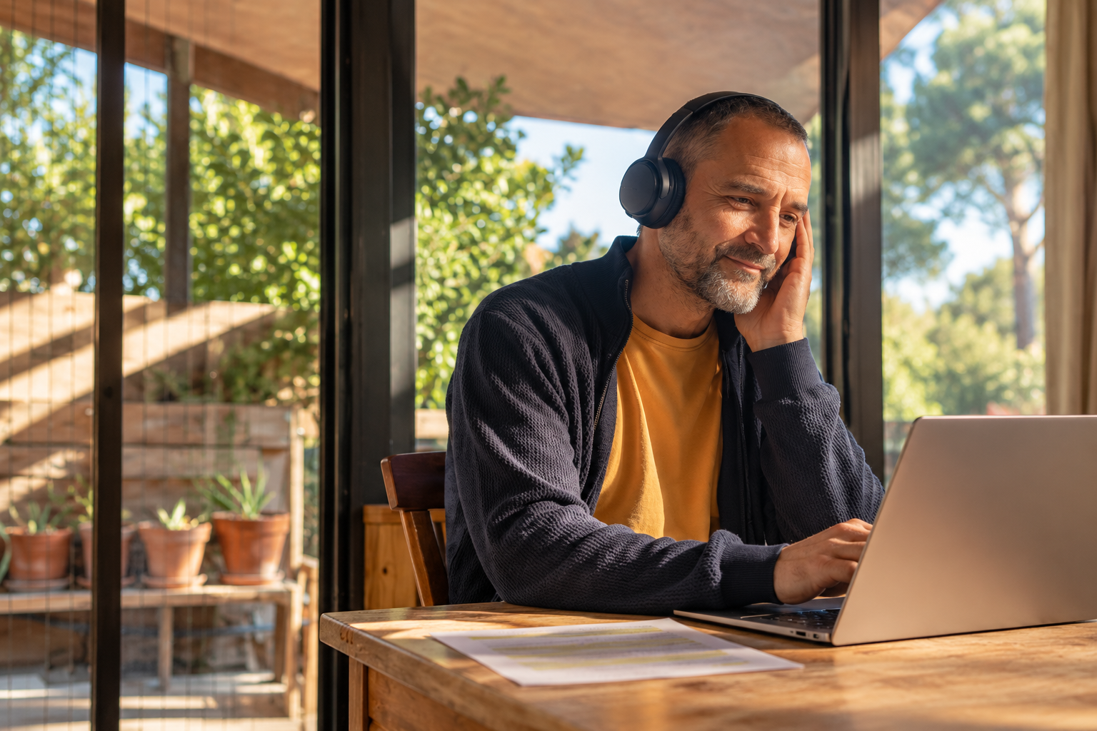 Man smiling and listening to a podcast on his computer at home.