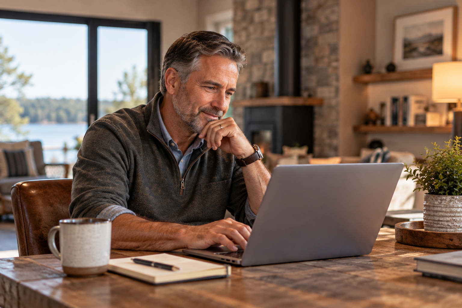 A man working thoughtfully on his laptop in a lakeside home,