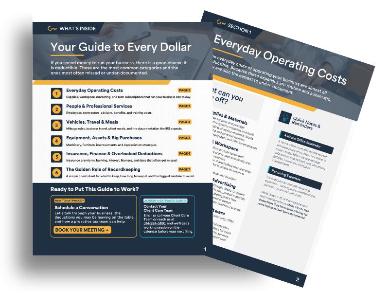 Two inside pages of the Gatewood Tax and Accounting small business tax deductions guide: a table of contents listing six deduction categories, and the Everyday Operating Costs section with deductible expenses and quick reminders.
