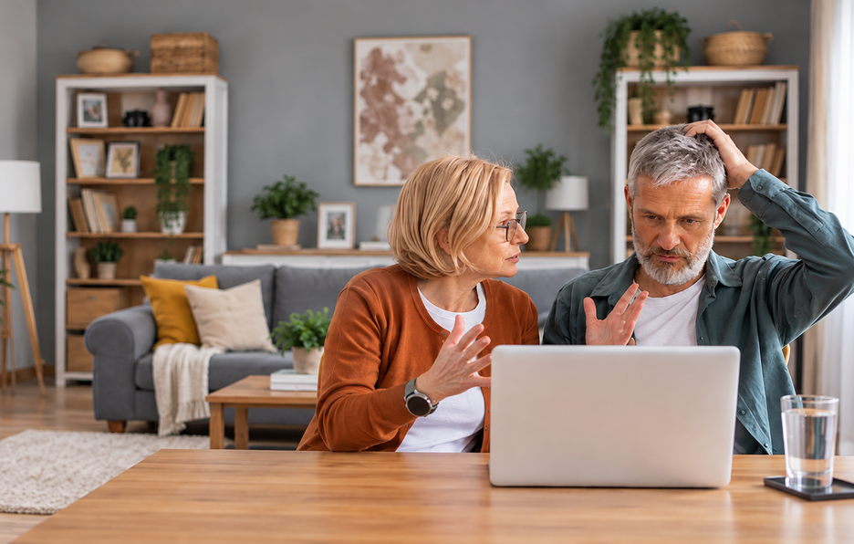 Couple arguing over a financial advisor's poor judgment.